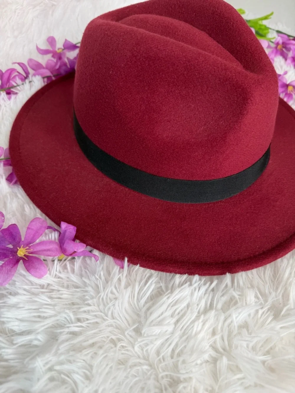 Burgundy Fedora Hat with Black Band Unisex - Picture 5 of 9